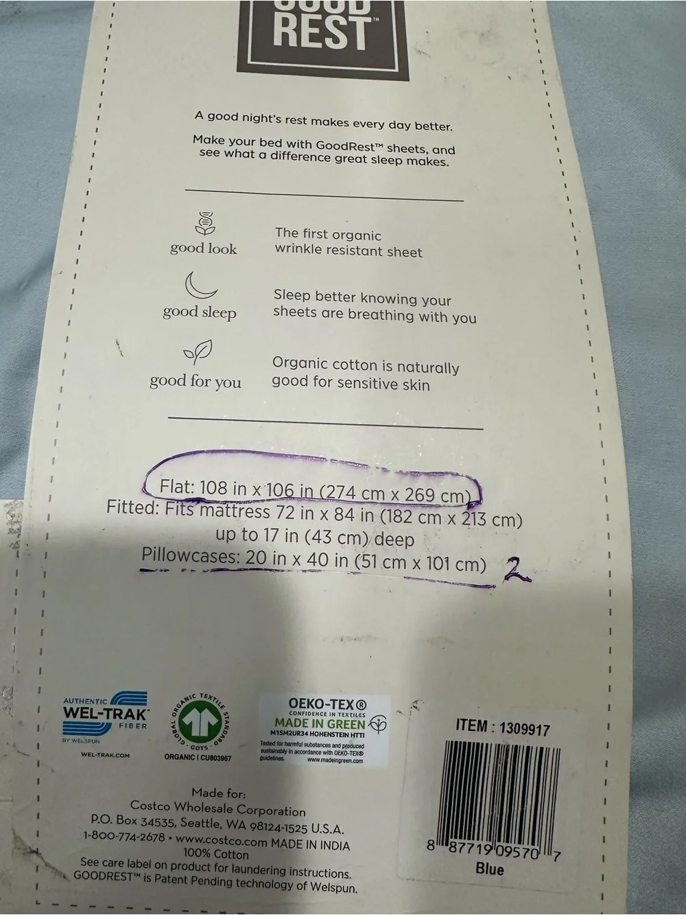 Organic Cal King Flat Sheet and 2pillowcases in Light Blue